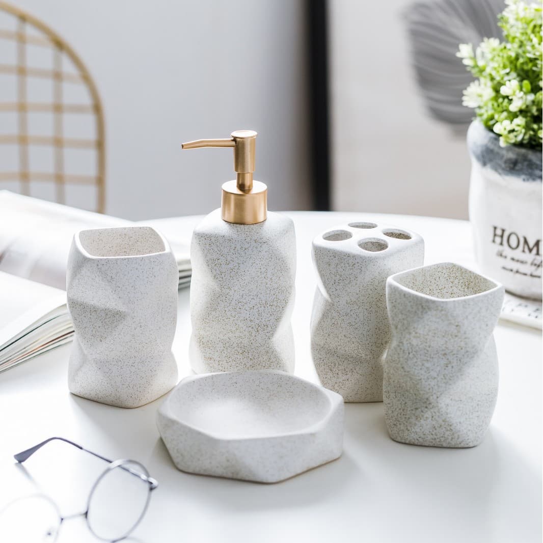 Pastel Ceramic Bathroom Set – 4/5/6-Piece Soap Dish, Toothbrush Holder & Tumblers For Modern Vanities (Irregular Shape, Soft-Touch Finish)​