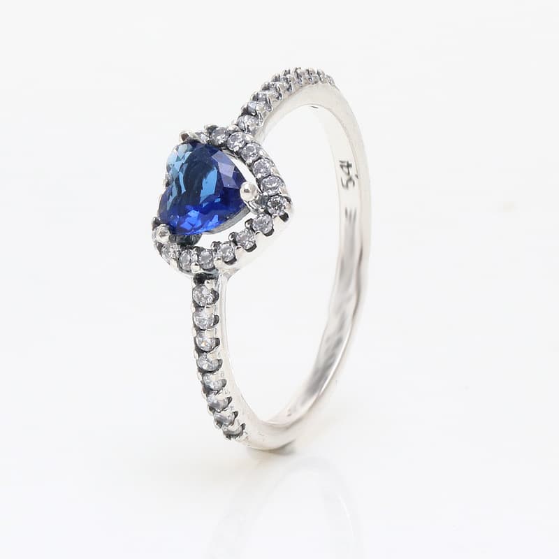 Pan Family White Copper Blue Heart Ring For Women Sparkling Luxurious Diamond Encrusted Stackable Light Luxury Exquisite Gift Jewelry