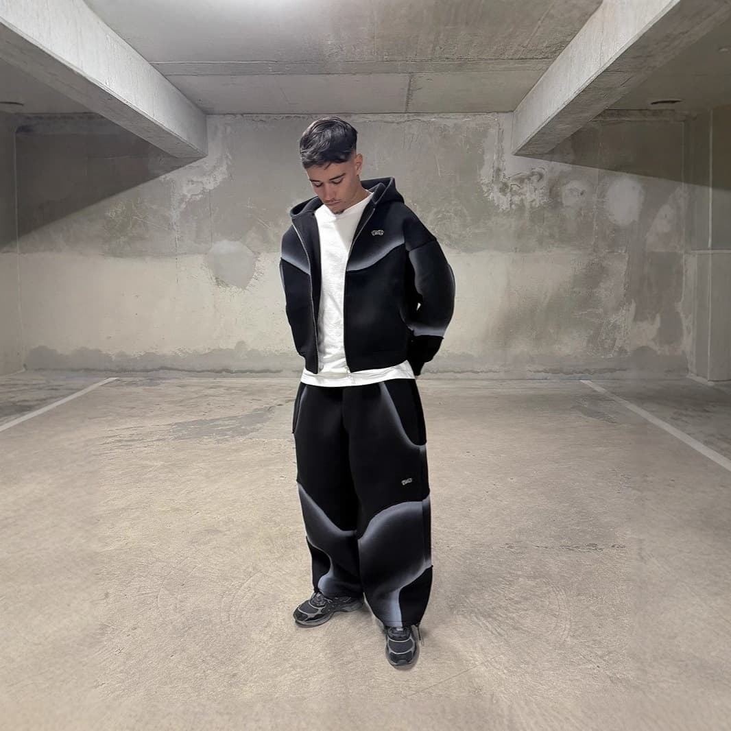 2025 Cool And Handsome Fried Street! Dark Personalized Splicing Hooded Sweater Suit, A Must For Fashionable Men