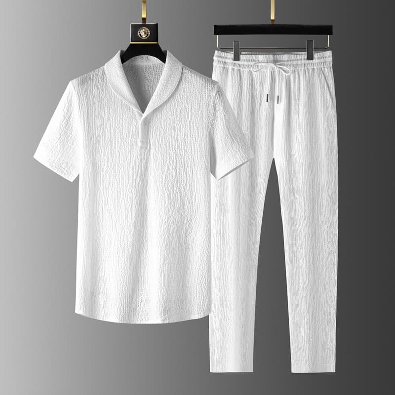 Men's Clothing Ice Silk T Shirt Men's Summer High End Short Sleeved Casual Sports Suit V Neck Half Sleeved T Shirt With Pants Two Piece Suit