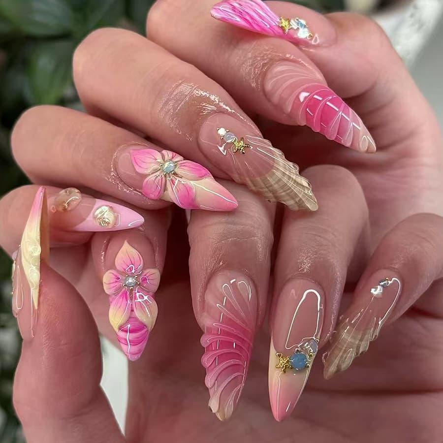 Gradient French Manicure False Nails Long Pointed Glossy Blush Rhinestone Nail Art 3D Epoxy Resin 24 Pieces