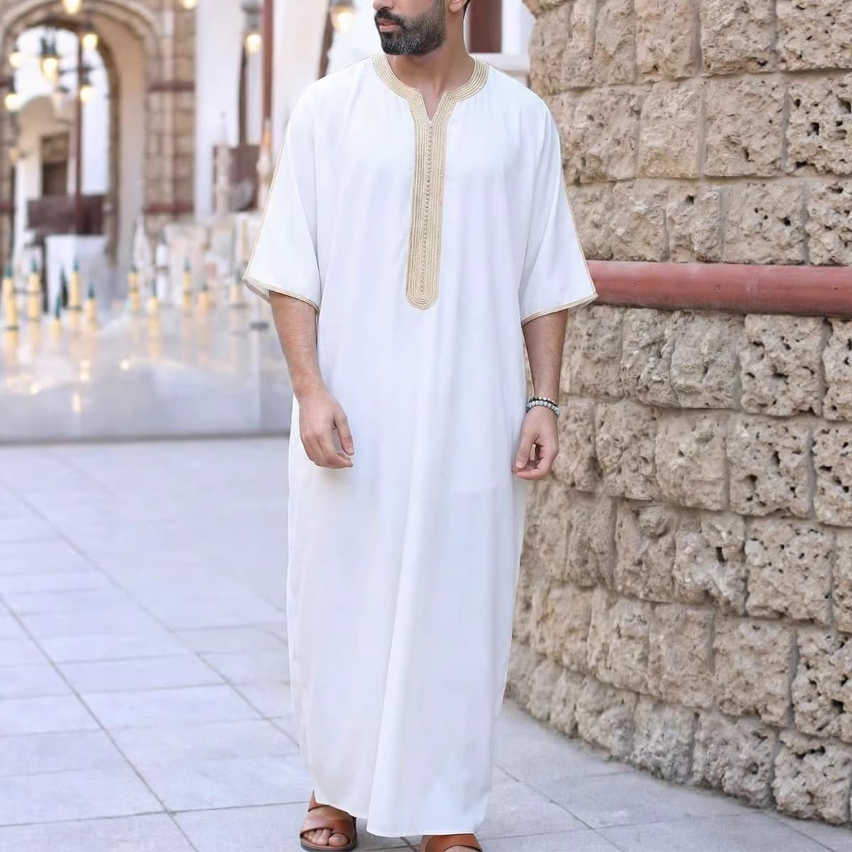 Men's Moroccan Thobe – Traditional Arabic Long Robe With Embroidered Neckline (S-XXL, Grey/White, Polyester-Spandex Blend)