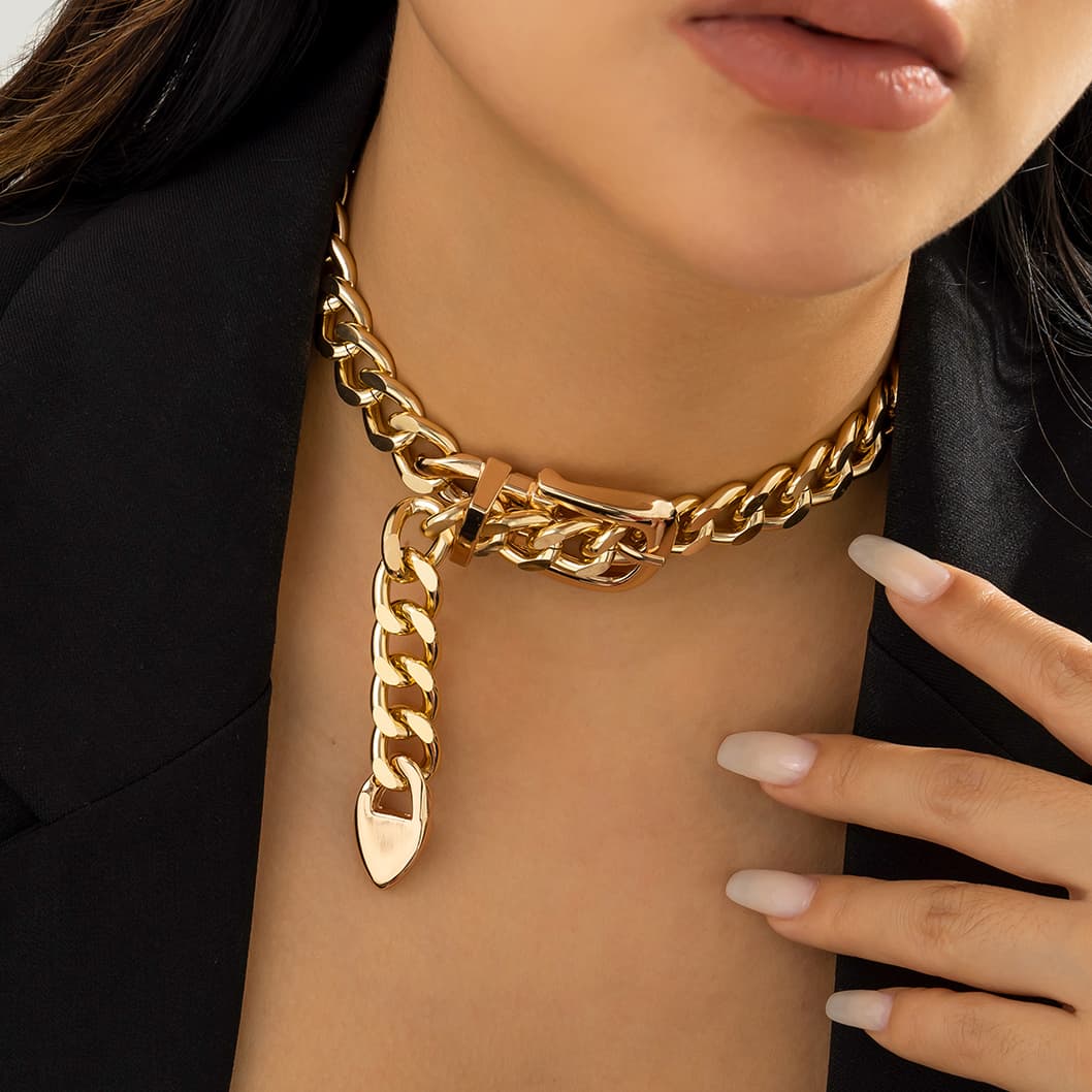Hot Sales Ingemark Exaggerated Heavy Metal Belt Choker Necklace for Women Punk Thick Chunky Clavicle Chain Grunge Jewelry