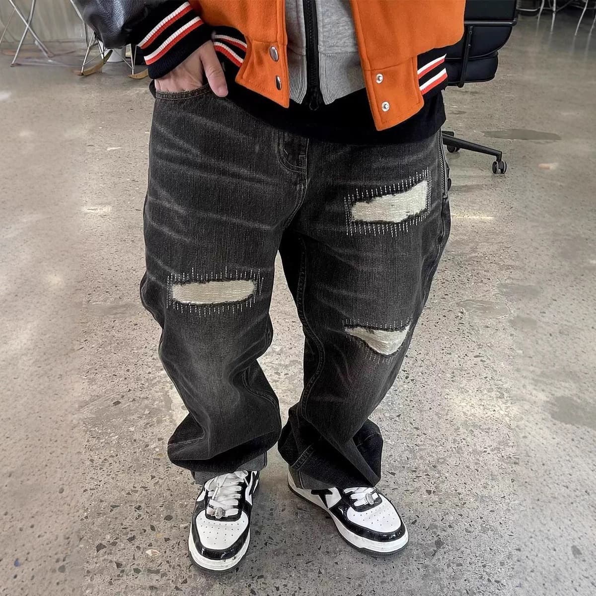Underground Riot Jeans – Distressed Black Denim With Razor Slashes & DIY Patches (M-3XL, Charcoal Wash)