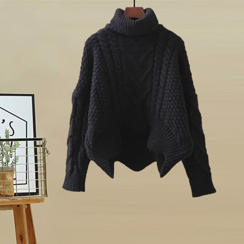 Ensemble deux pièces pour femme : pull à col roulé en maille et jupe amincissante. Collection automne-hiver.