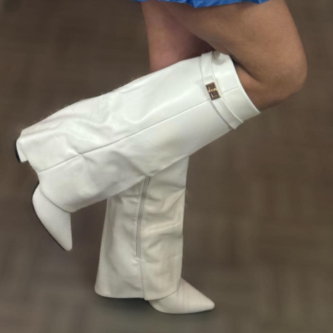 Bottes hautes à bout pointu pour femmes, avec boucles métalliques, talons épais, bottes d'hiver montantes jusqu'aux genoux en cuir PU, talons épa