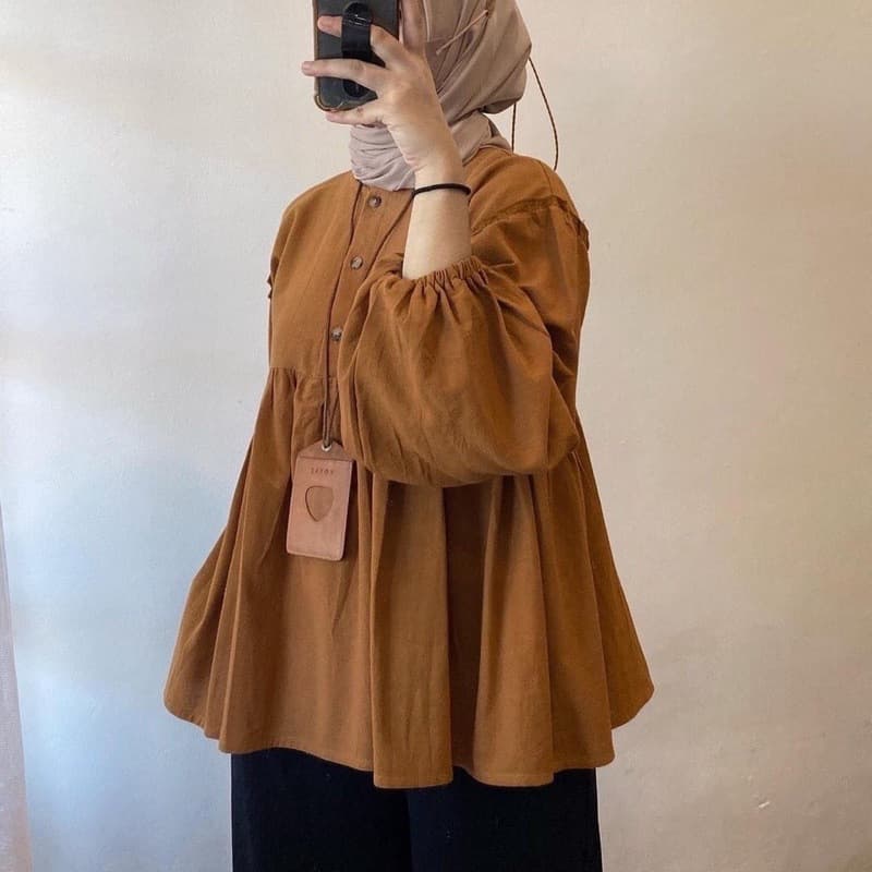 Muslim Women's Clothing New Simple Large Size Loose Waist Pleated Shirt Collar Loose Top
