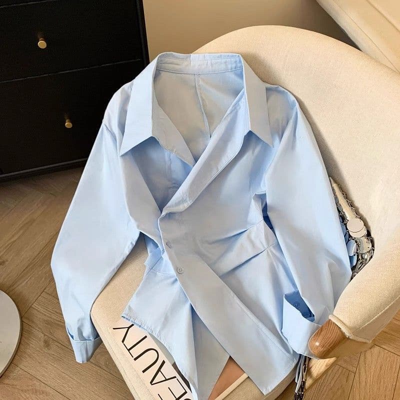 Women's Clothing Elegant British-Style Blouse For Women – Spring Loose Fit Casual Shirt With Unique Asymmetrical Design, Versatile & Stylish