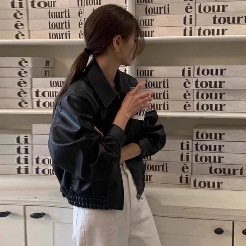 ELLE 2025 Autumn Winter New Cool Style Petite Biker Vintage Short Black Leather Jacket For Women