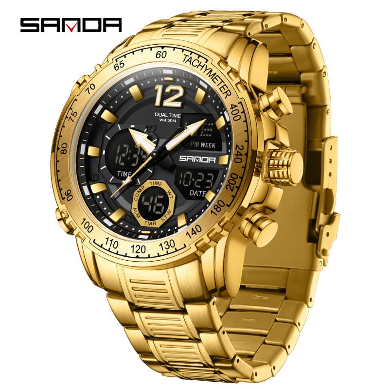 Multi-Function Digital Watch With Stainless Steel Band Waterproof, Luminous, Dual Time, Stopwatch, Alarm, Calendar Sporty Stylish Round Dial Watch