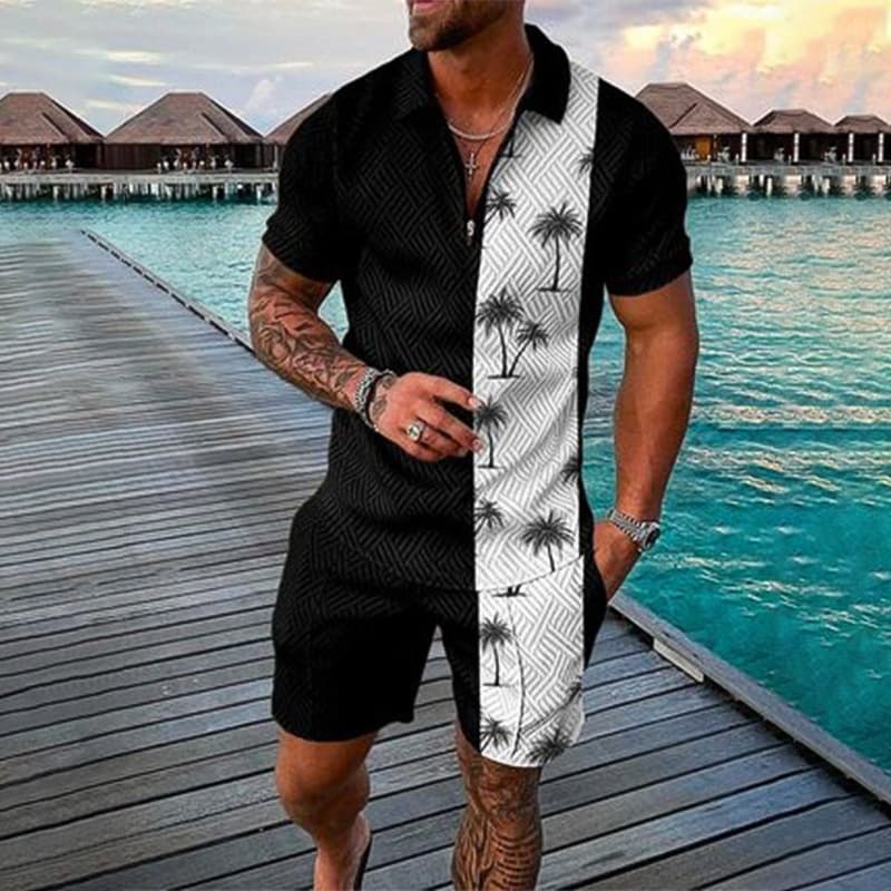 Men's Fashion Casual Suit 3D Printed Zipper Short Sleeve Polo Shirt Shorts 2-Piece Set