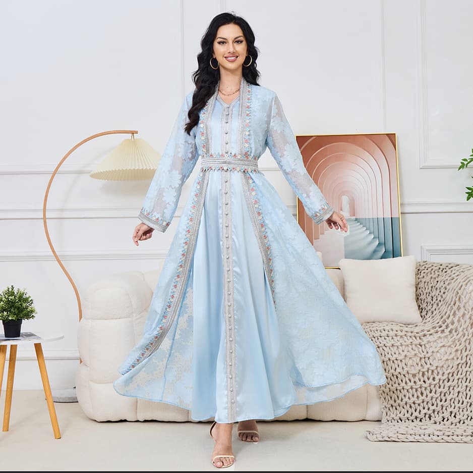 New Middle Eastern Women's Ethnic Style Outfit, Elegant V-Neck Cardigan Two-Piece Set Dress