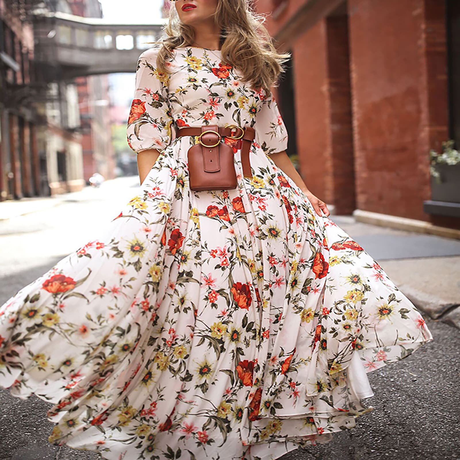 Women's dress printing big swing temperament chiffon floral slim dress