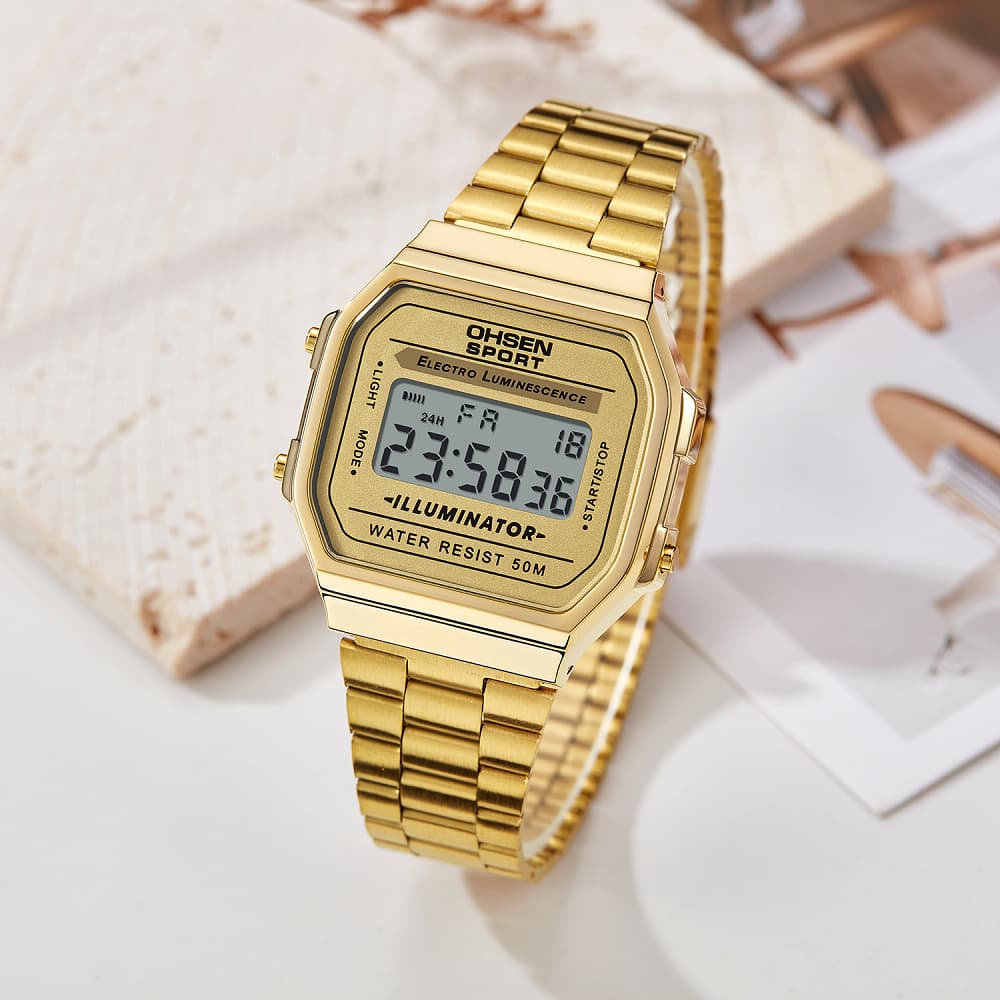 Women's Gold Stainless Steel Strap Electronic Watch Alarm Clock Calendar Week Waterproof Watch