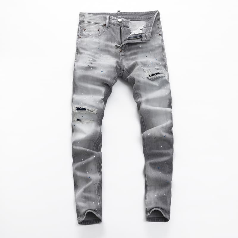 High Street Fashion Men's Jeans Vintage Gray Washed Ripped Patch Paint Trendy Slim Fit Skinny Pants