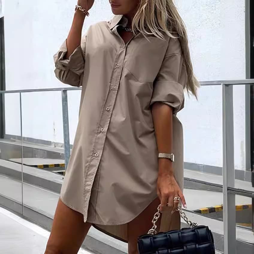 Women's Clothing cotton buttoned mid length long sleeved loose shirt