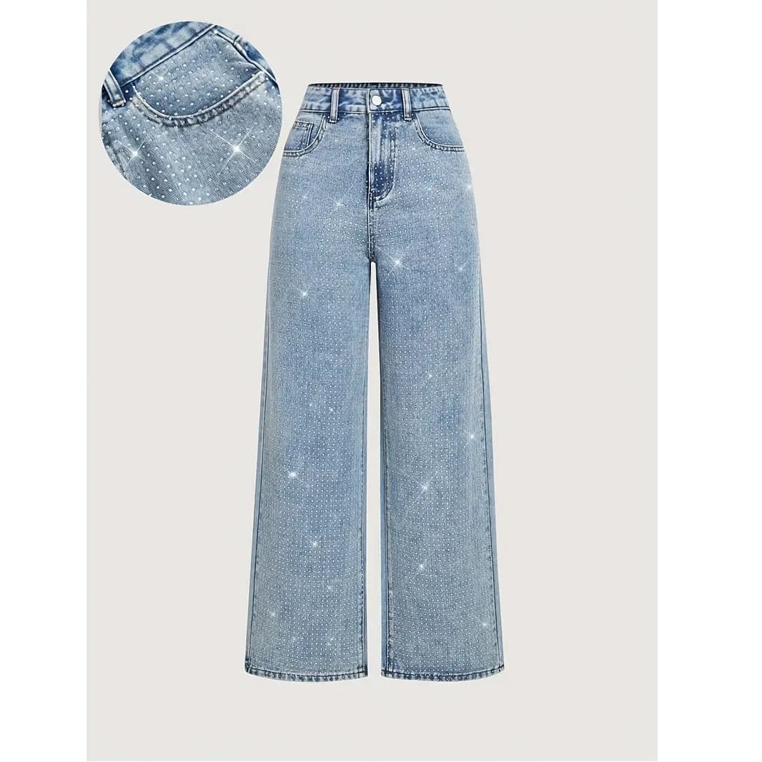 ​​Women's Stretch Denim Jeans – Straight Leg, Washed Blue With Beaded Embellishments (XS-XXXXXL)​​