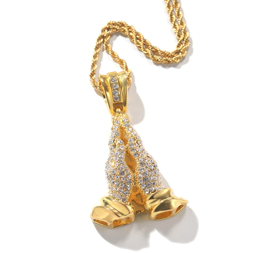 Men's Jewelry Niche Hands Folded Full Diamond Pendant Sweater Chain Metal Retro Men's Necklace Alloy Accessories