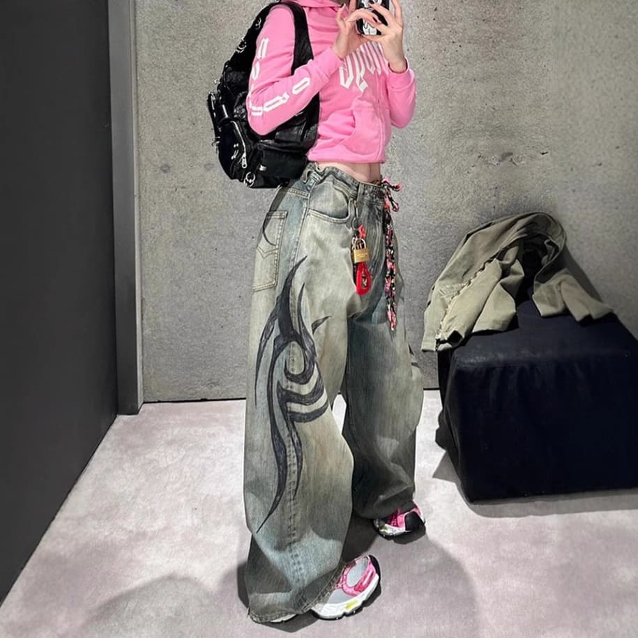 Women's Clothing High Street Hot Girl Fashion Brand Washed Printed Jeans Women's Versatile Casual Mopping Wide Leg Trousers