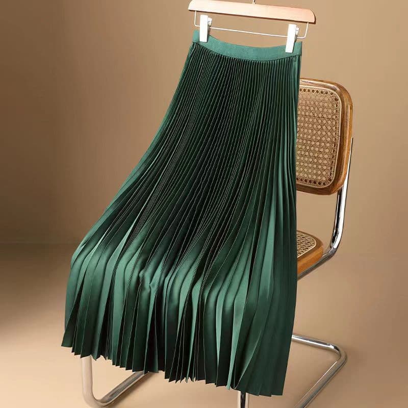 Jupe mi-longue plissée taille haute en satin – Jupe fluide extensible pour femme, longueur genou, été 2025