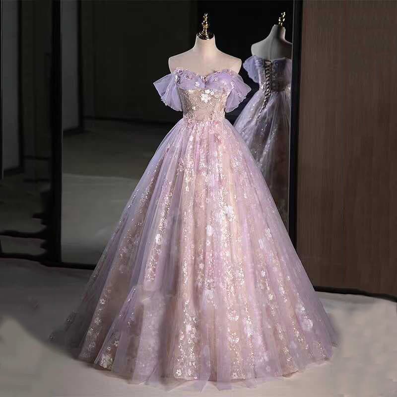 Women's Clothing Lavender Princess Ball Gown For Vocal Recitals, Prom, Coming-of-Age Ceremonies & Bridal Events – Off-the-Shoulder A-Line