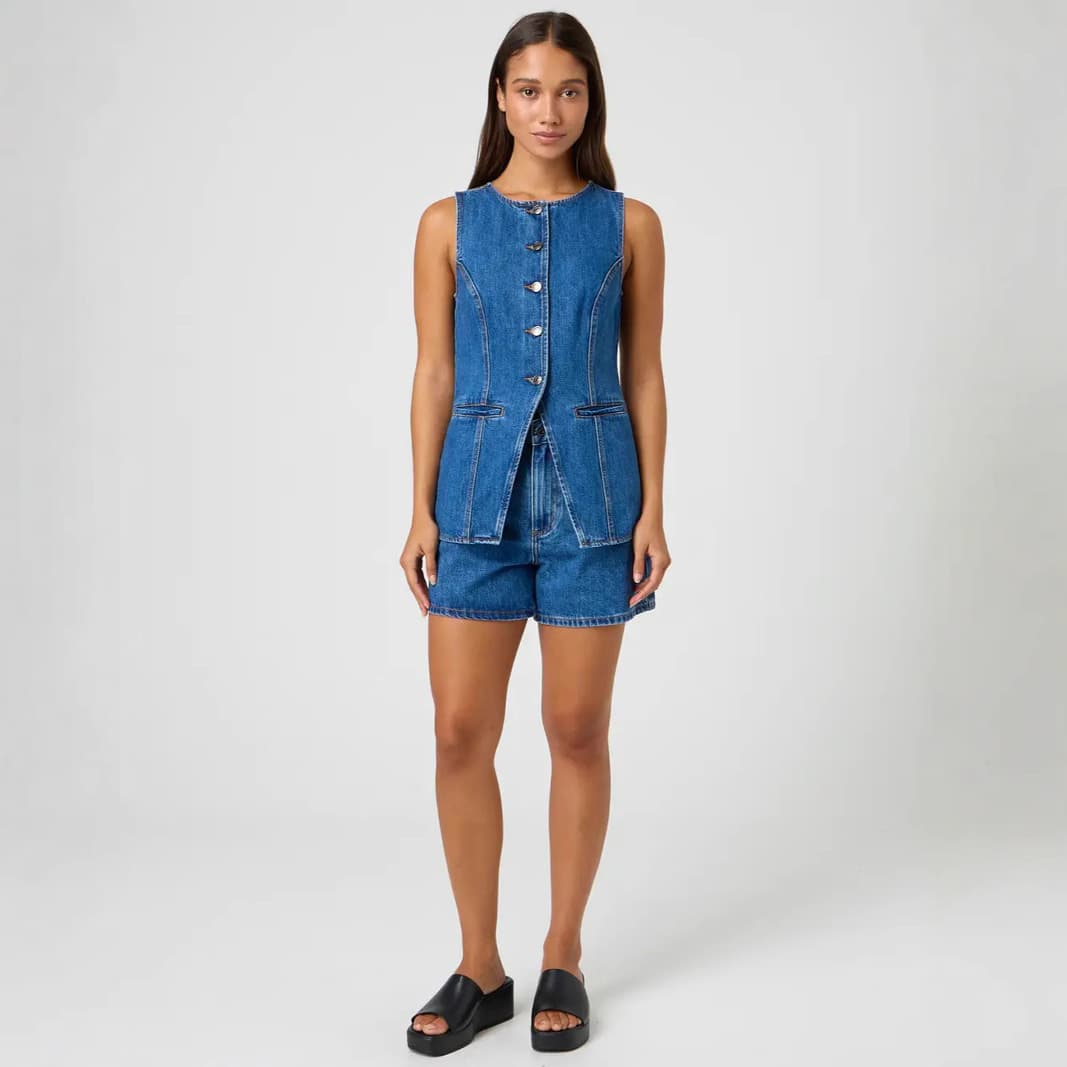 Women's Elegant Denim Shorts Set - Sleeveless Crop Top & High Waist Wide Leg Shorts Casual Two Piece Outfit