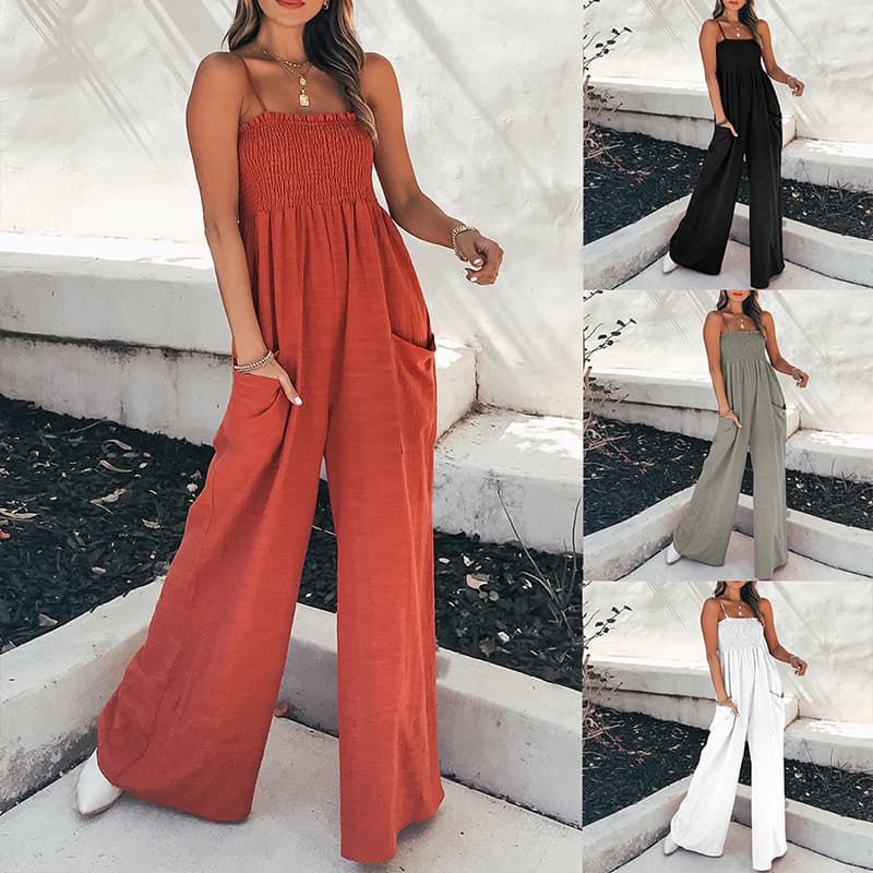 Women's Clothing Spring New Style Fashion Solid Color Pleated Tube Top Simple Slim High Waist Suspender Jumpsuit