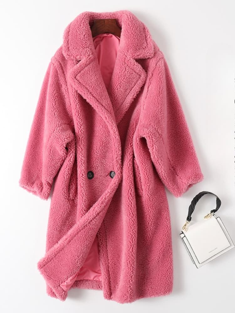 K M Family Teddy Bear Coat Women's Sheep Shearling Mid-length Fur Coat With One-piece Fur And Leather Coat. No Bag And Inner Wear.