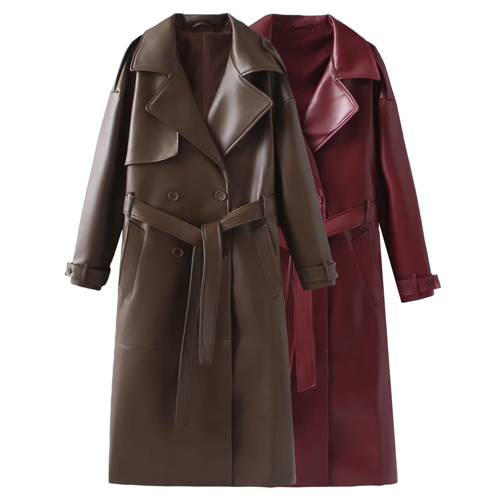 ​​Elegant Trench Coat For Women – Slim Fit Long Faux Leather Windbreaker (Burgundy/Dark Brown, S-L)​​