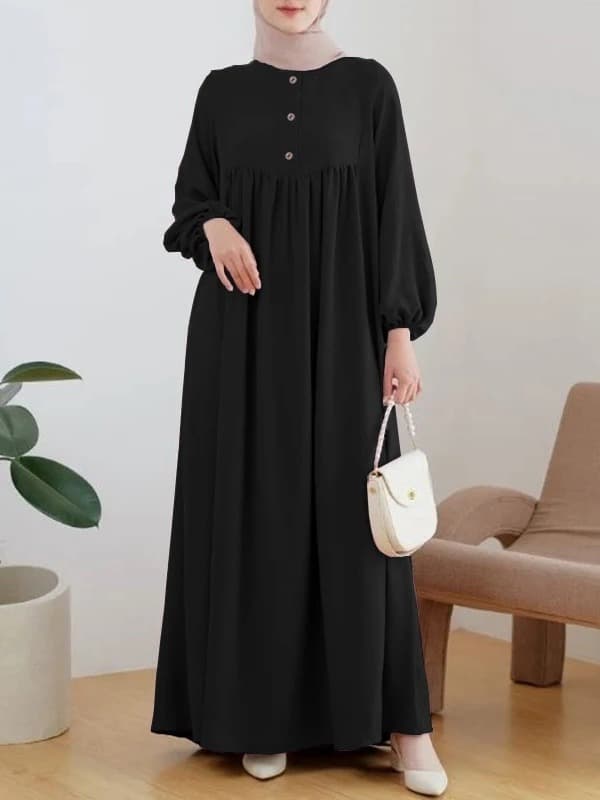 Cross-Border New Muslim Women's Long Robe Fashion Casual Puff Sleeve Simple Loose Solid Color Dress