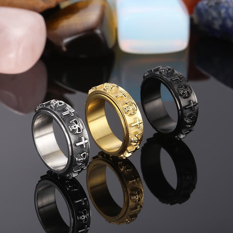 Men's Jewelry Retro Simple Cross Ring Domineering Black Rotatable Decompression Skull Titanium Steel Trendy