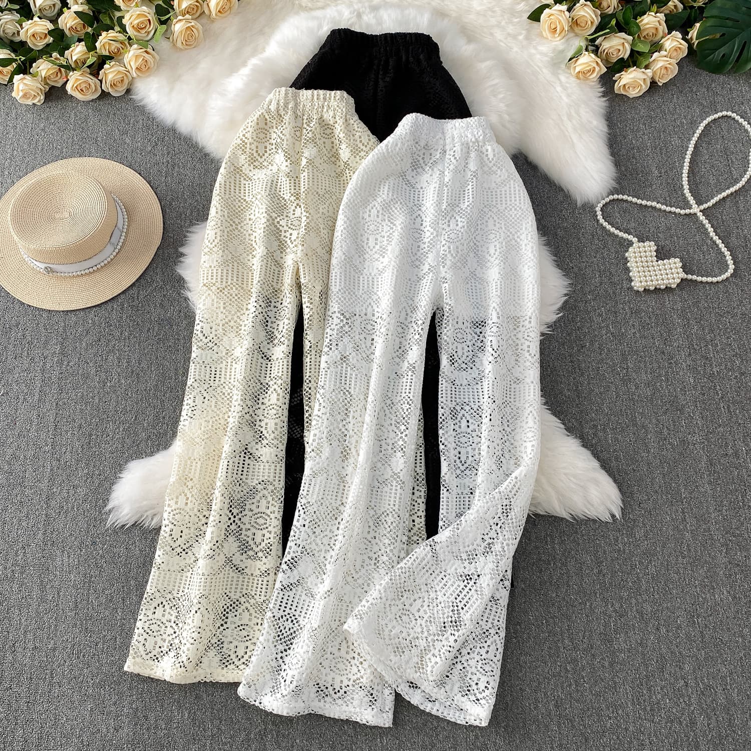 Women's Clothing Lace Hollow Knitted Pants For Women New High Waist Petty Bourgeoisie Girl Heart Straight Tube Slim Elastic Casual Pants