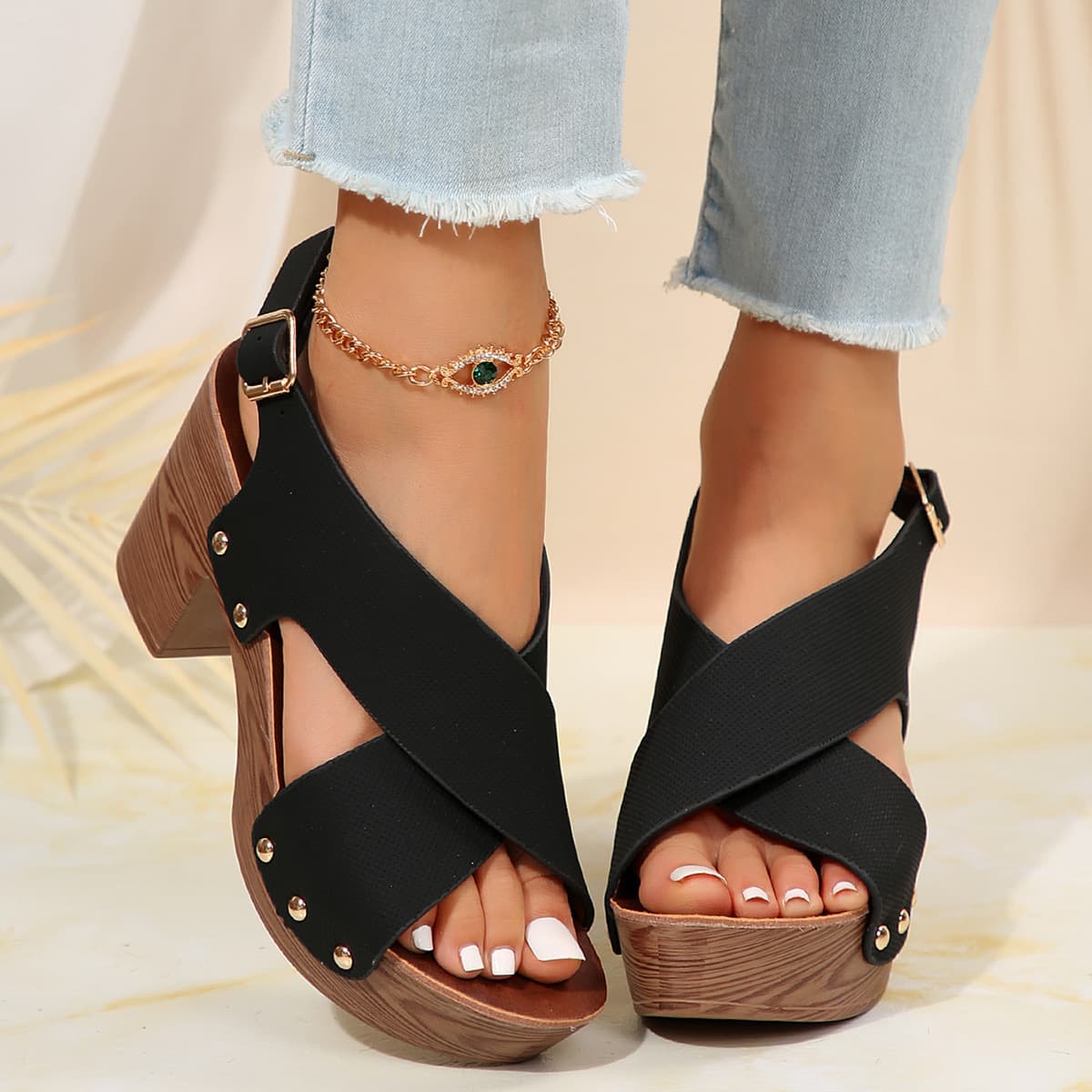 New Summer Season High Hee Waterproof Platform Women's Shoes Plus Size Thick Heel Cross Strap Fashionable Casual
