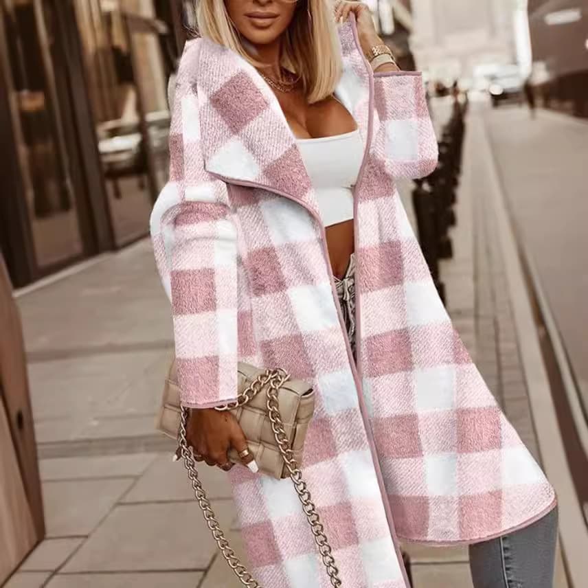 Women's Clothing fashion plaid woolen jacket mid length coat
