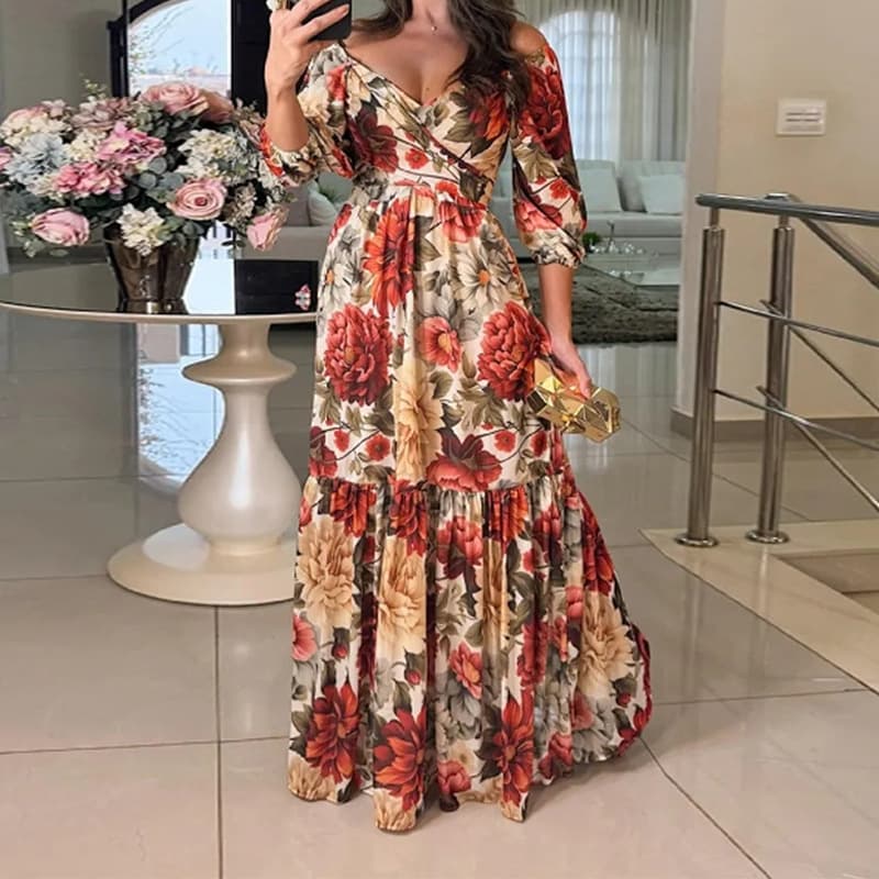 Women's Clothing Women's Elegant Fashion V Neck Printed Five Point Sleeve V Neck Dress