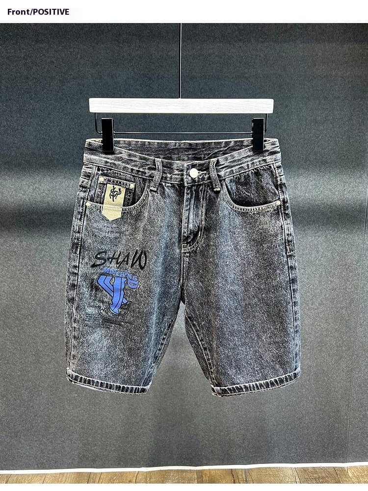 Printed embroidered denim shorts, men's trendy and handsome summer new loose five part pants, versatile casual shorts