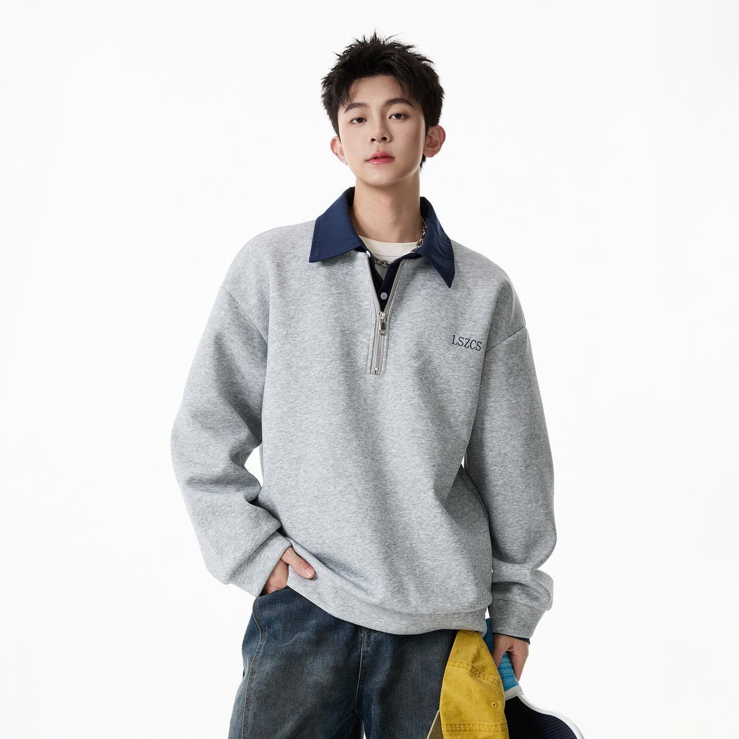 American Style Heavyweight Two Piece Half Zip Polo Collar Sweatshirt For Men, Autumn Trendy Color Blocked Sports Casual Pullover Wholesale.