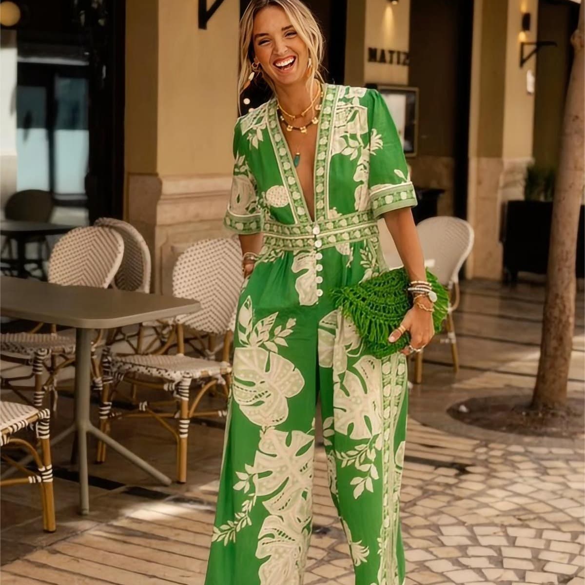 Women's Clothing New Fashion Printed Jumpsuit V Neck Short Sleeved