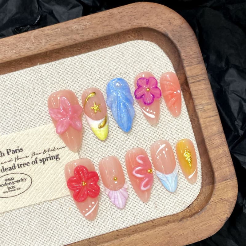 Beauty & Health Clear Floral Carving Gradient French Ice Clear High End Hand Made Wearable Nails Wholesale Finished Products