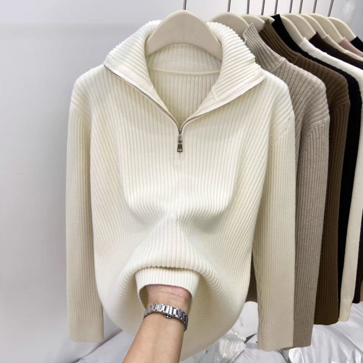 Women's Slim Fit High Neck Zip-Up Sweater Casual Knit Pullover Tops For Autumn Winter - Oatmeal, Beige, Black​​