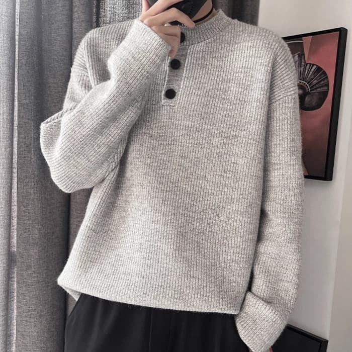 Men's Retro Henley Collar Sweater - Relaxed Fit Knit Top, Premium Comfort For Spring & Autumn, Flower Gray (M-3XL)