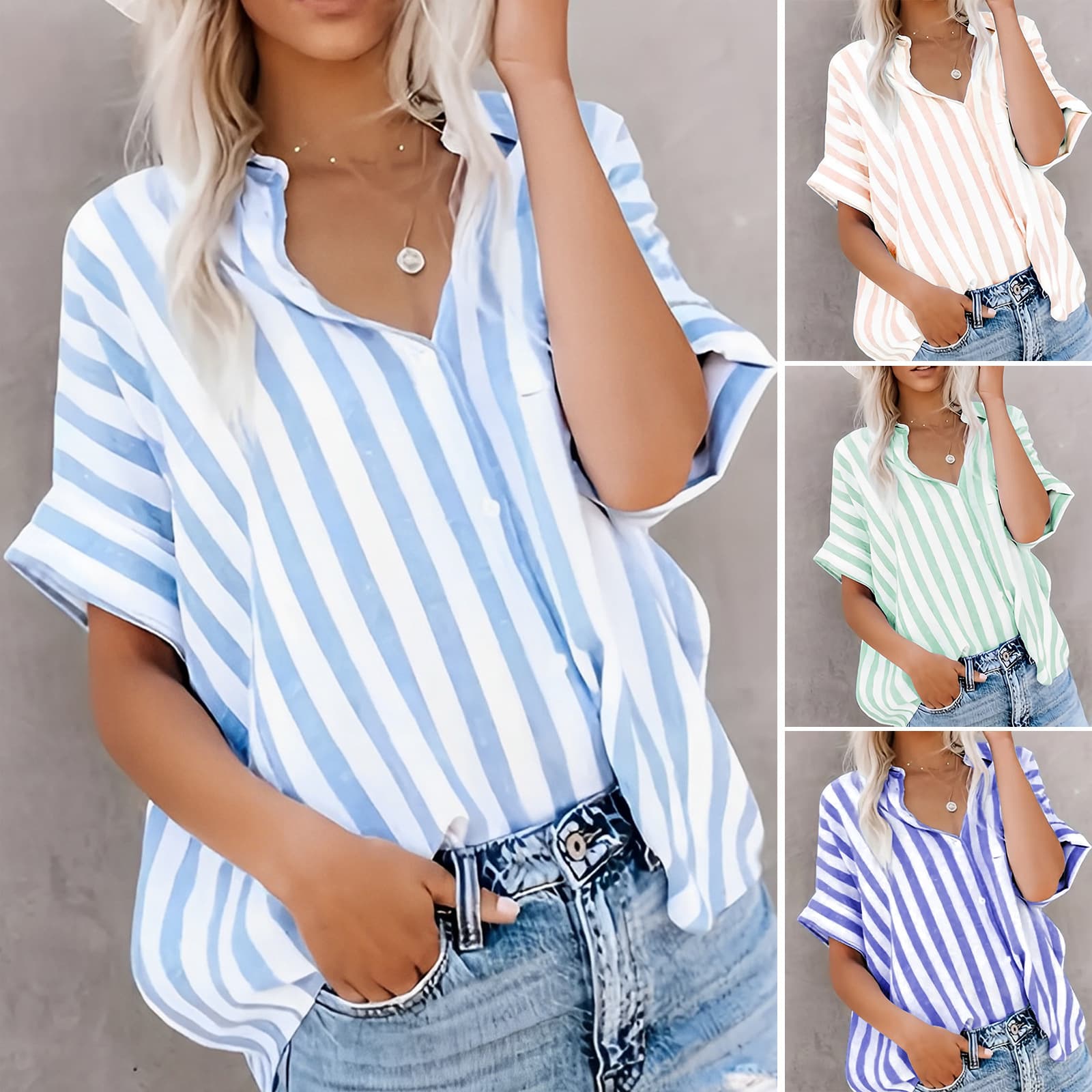 Women's Clothing Casual Commuter Printed Striped Contrast Color Short Sleeved Cardigan Shirt Tops