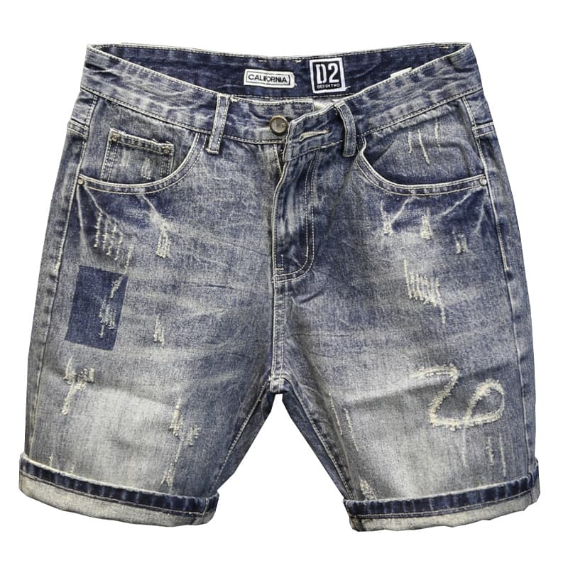 Men's Clothing Ripped Denim Shorts Summer Thin Print Scraped Slim Fit Mid Length Pants Versatile Trendy Five Point Pants