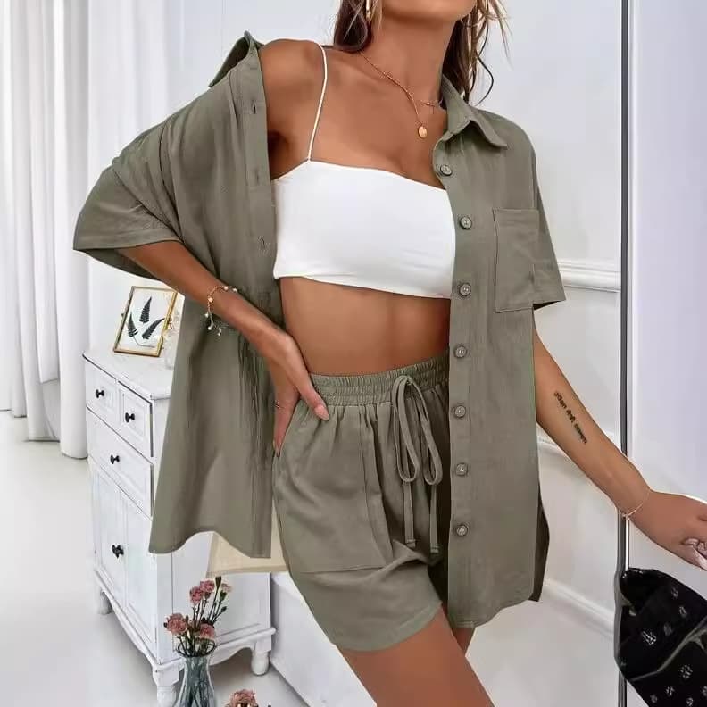Women's two-piece solid color shirt suit women's casual loose short-sleeved single-breasted