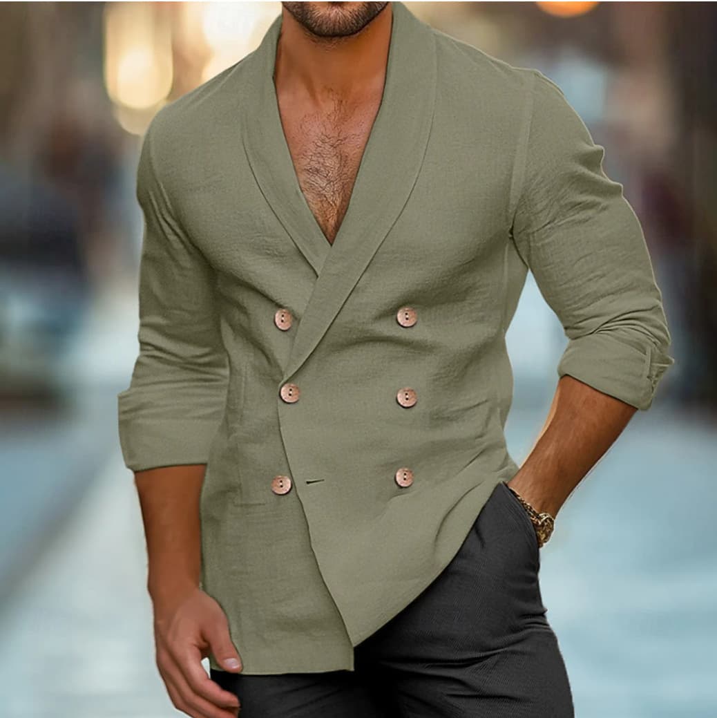 Costume homme printemps-automne, croisé, décontracté, en coton et lin, chemise à manches longues, cardigan, veste unie