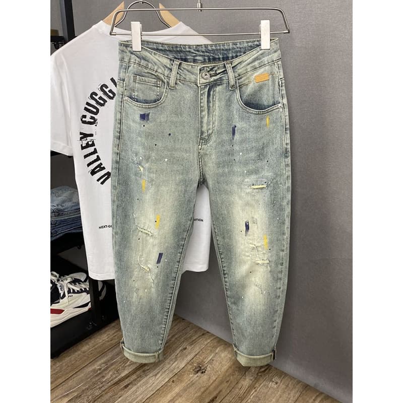 Light Luxury Ink Splashed Patch Jeans For Men, New Autumn Styles, Trendy Brands, Handsome Ripped Elastic Casual Slim Fitting Skinny Pants