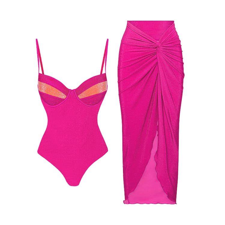 Women's fluorescent color sexy one-piece swimsuit wrap skirt suit for women
