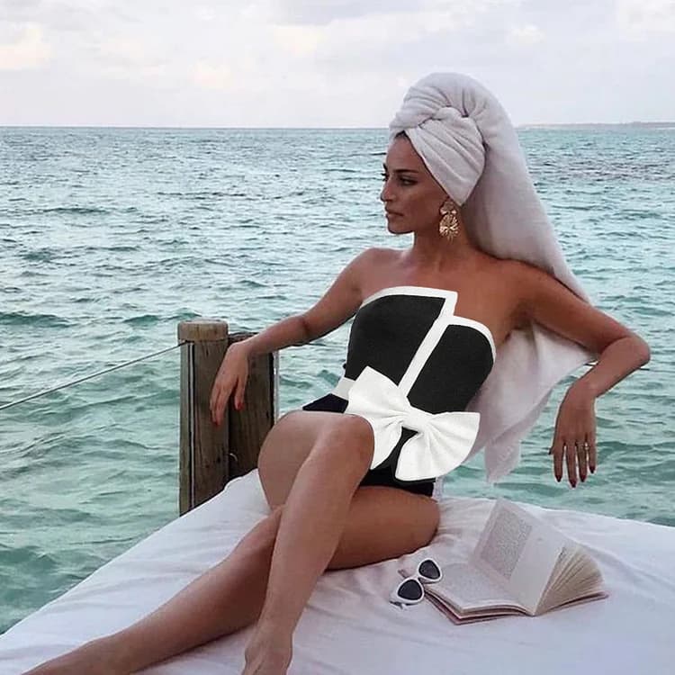 Women's Clothing Black And White Color Matching Bow Knot Tube Top High End One Piece Swimsuit Suit Female Swimsuit New