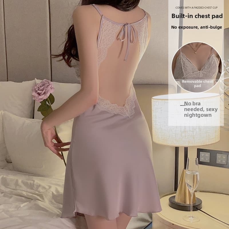 Plus Size Sexy Lace Nightgown Backless Temptation Padded Bra Push Up Straps Sleepwear Women's Underwear 2621
