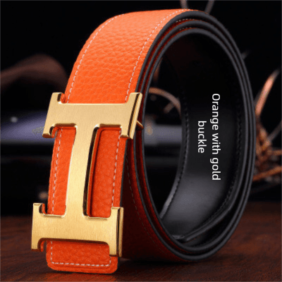 Ceinture classique de luxe pour homme, en cuir véritable de haute qualité avec boucle lisse et inscription.